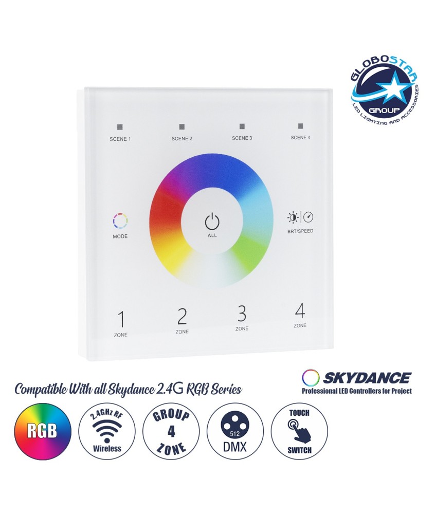 GloboStar® 73161 T13 SKYDANCE Ασύρματο DMX512 Επιτοίχιο Χειριστήριο RF 2.4Ghz 4 Group για όλα τα SKYDANCE DMX512 Controller AC 100-240V Max 0.1A - IP20  Μ8.5 x Π8.5 x Υ3.5cm - 5 Χρόνια Εγγύηση